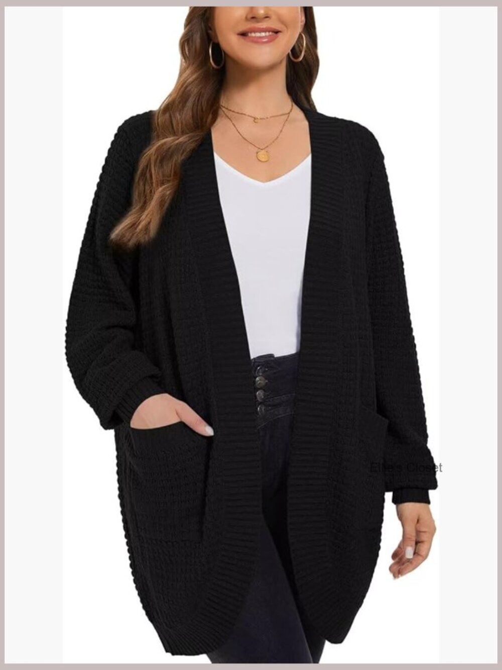 Open Front Cardigan with Pockets Waffle Knit Long Sleeve Plus Size